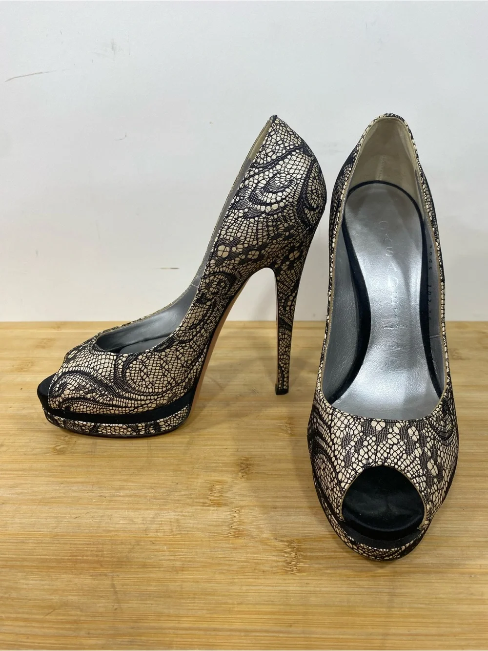 Casadei 6 B Black Lace Peep-Toe Platform Pumps high heels Italy 145mm stiletto